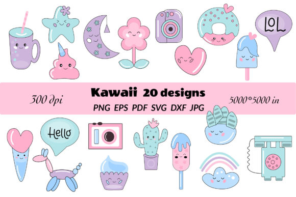 Kawaii Clipart Bundle. Cute Kawaii PNG for Graphics & Crafts